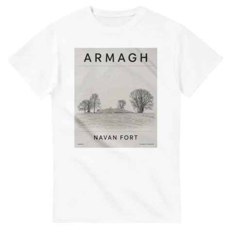 Fine-line engraving-style drawing for County Armagh, with a landmark caption and small coordinate text.