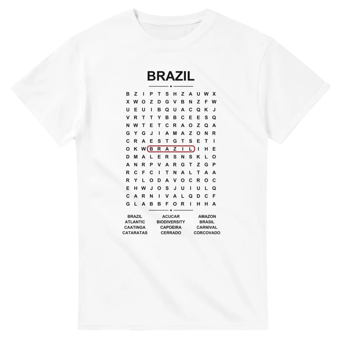 Word-search sheet for Brazil, with a large place-name heading, a letter grid, a local answer list, and a red highlighted example word.