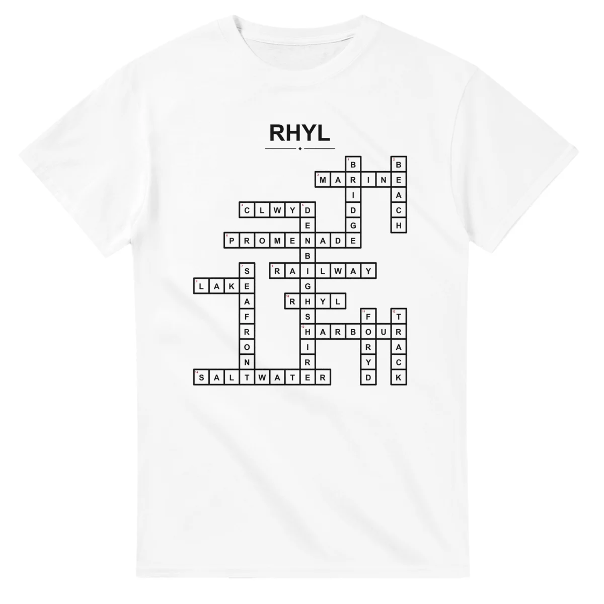 Monochrome crossword sheet for Rhyl, with a large place-name heading, a letter grid, and numbered across and down clues.