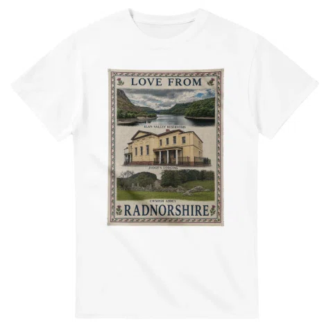 Framed scenic design for Radnorshire, with several local views, a decorative border and LOVE FROM lettering.