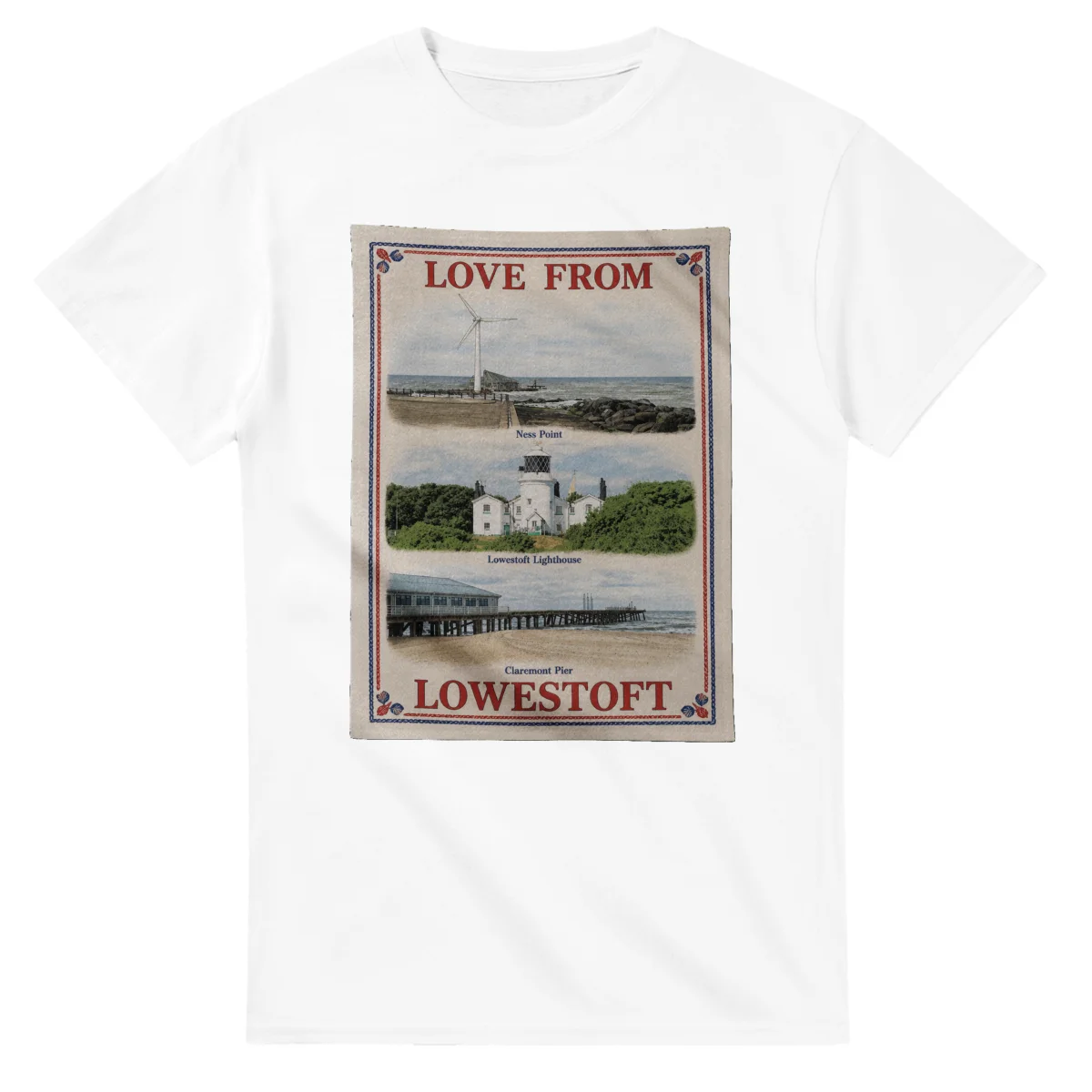 Framed scenic design for Lowestoft, with several local views, a decorative border and LOVE FROM lettering.