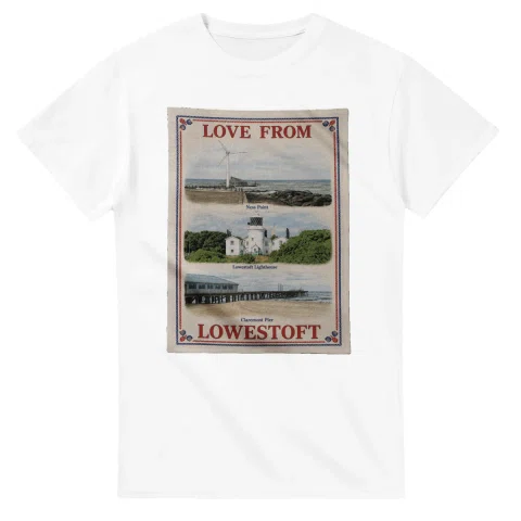 Framed scenic design for Lowestoft, with several local views, a decorative border and LOVE FROM lettering.