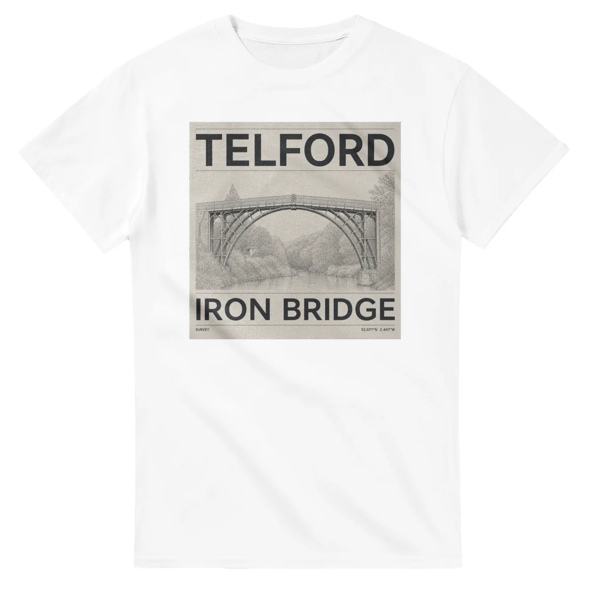 Fine-line engraving-style drawing for Telford, with a landmark caption and small coordinate text.