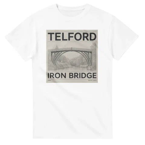 Fine-line engraving-style drawing for Telford, with a landmark caption and small coordinate text.
