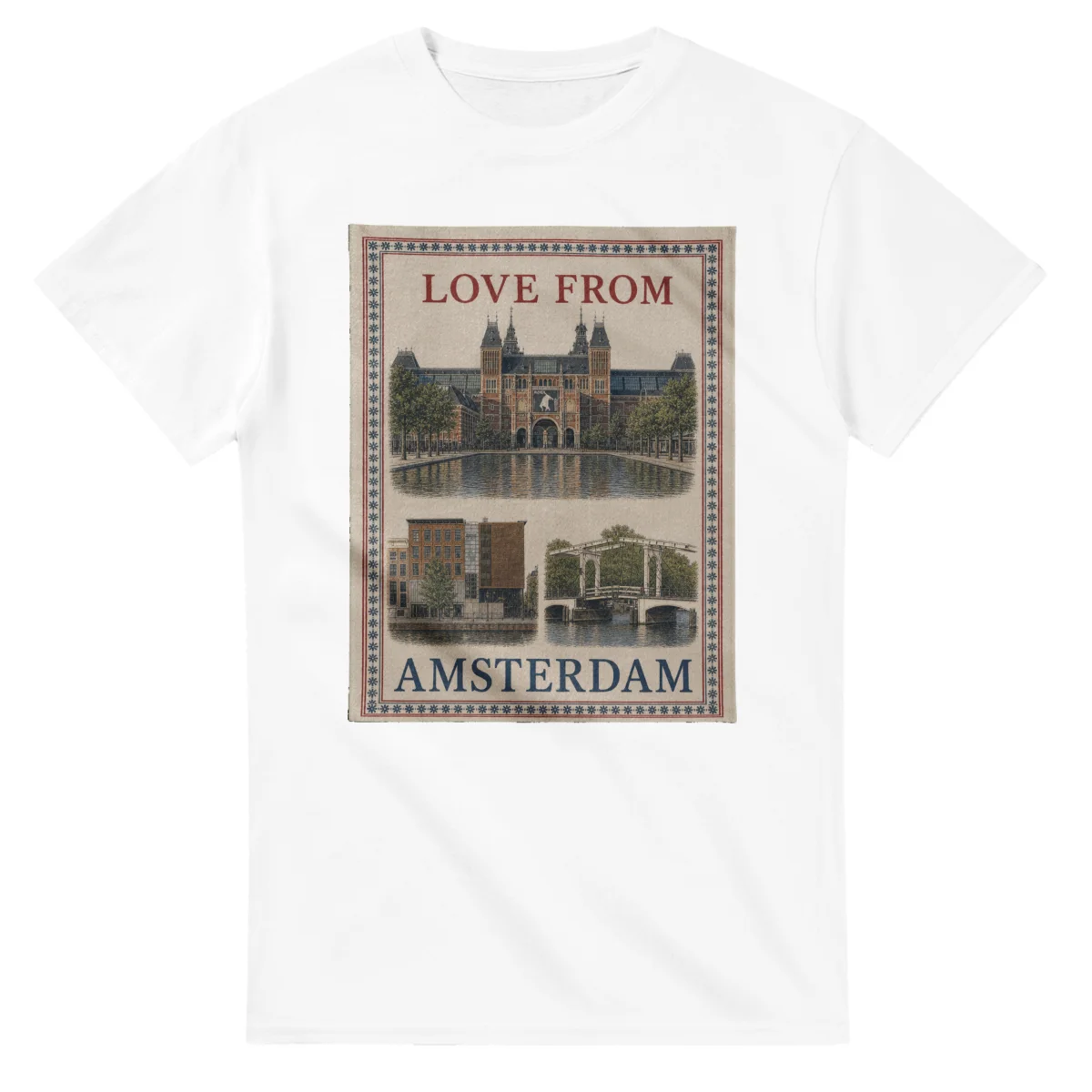 Framed scenic design for Amsterdam, with several local views, a decorative border and LOVE FROM lettering.
