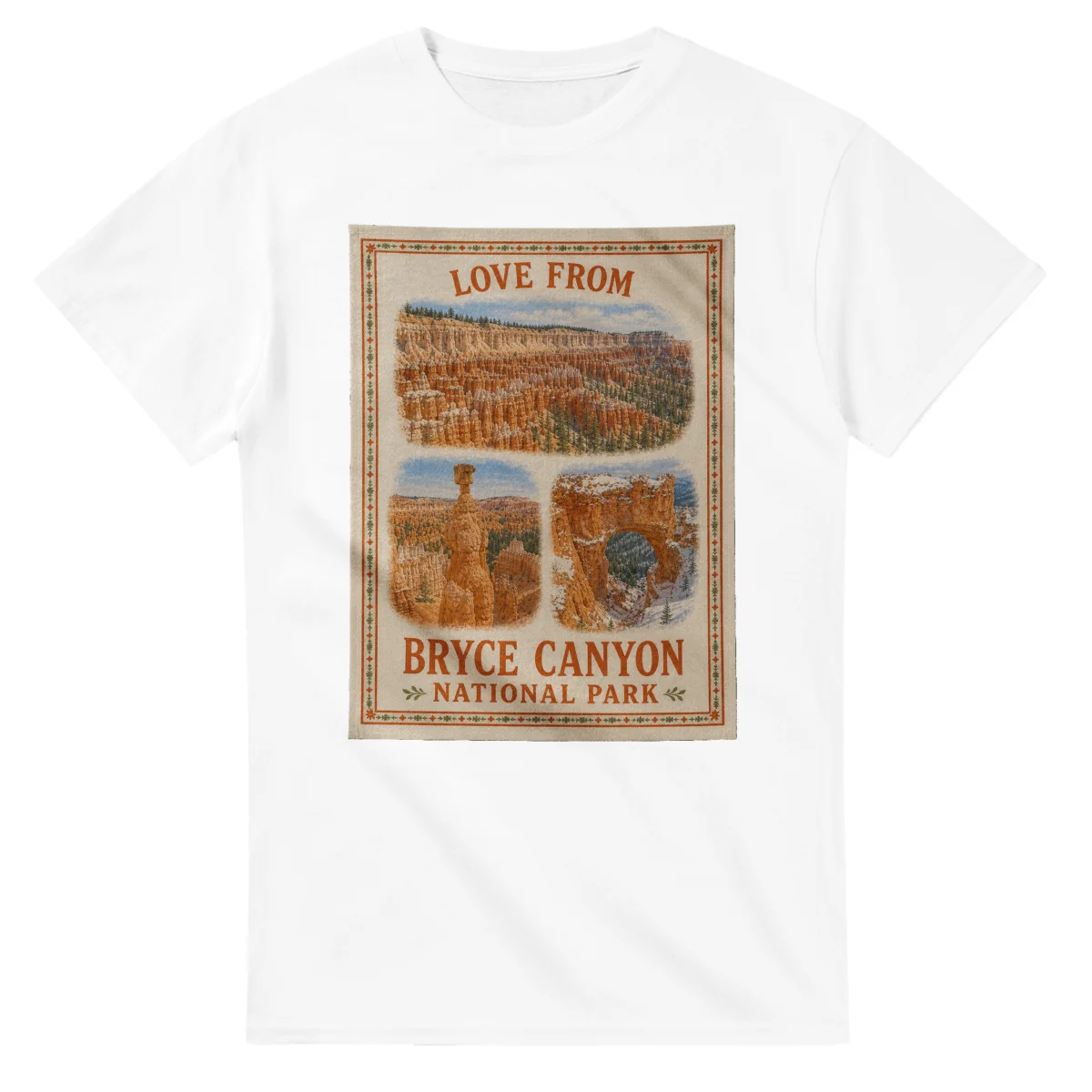 Framed scenic design for Bryce Canyon National Park, with several local views, a decorative border and LOVE FROM lettering.