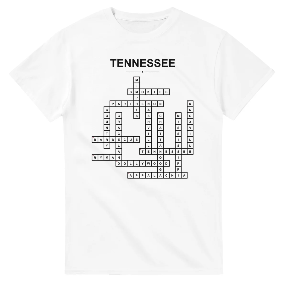 Monochrome crossword sheet for Tennessee, with a large place-name heading, a letter grid, and numbered across and down clues.