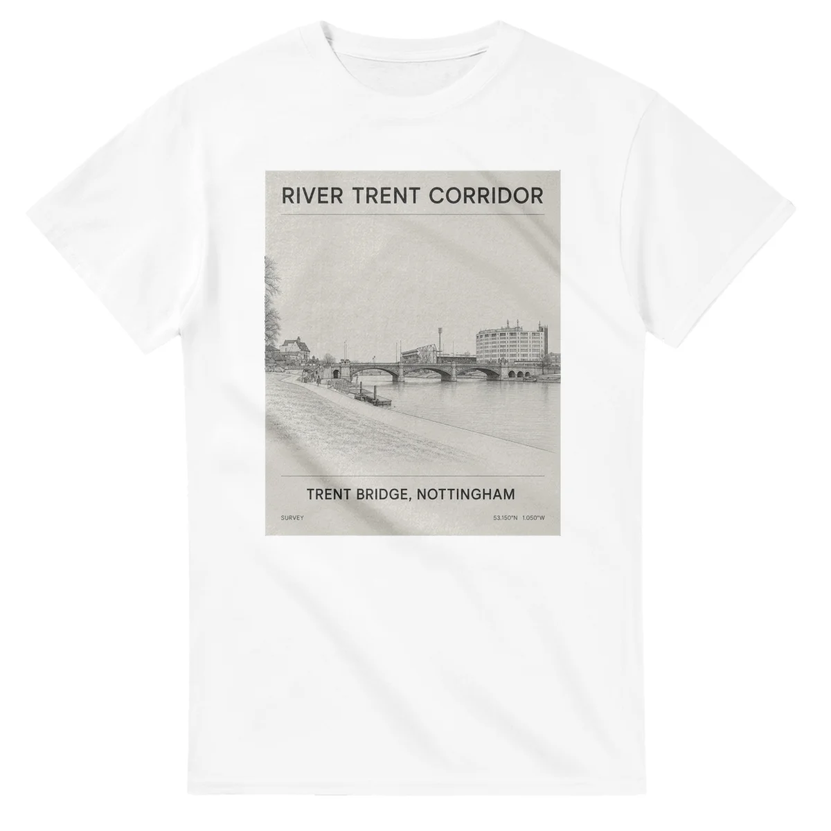 Fine-line engraving-style drawing for River Trent, with a landmark caption and small coordinate text.
