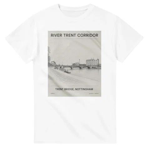 Fine-line engraving-style drawing for River Trent, with a landmark caption and small coordinate text.