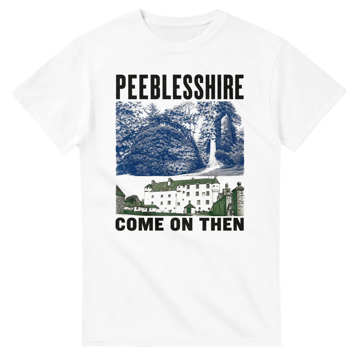 Two-colour scenic illustration for Peeblesshire, with the place name and COME ON THEN lettering.
