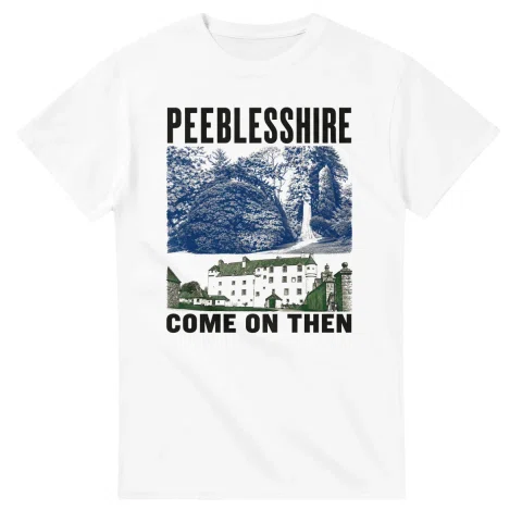 Two-colour scenic illustration for Peeblesshire, with the place name and COME ON THEN lettering.