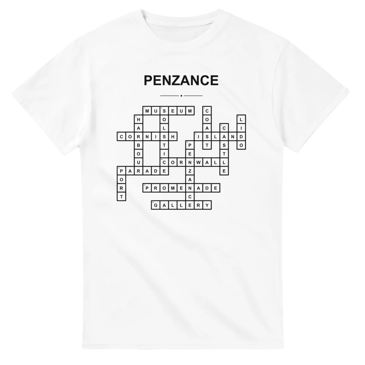 Monochrome crossword sheet for Penzance, with a large place-name heading, a letter grid, and numbered across and down clues.
