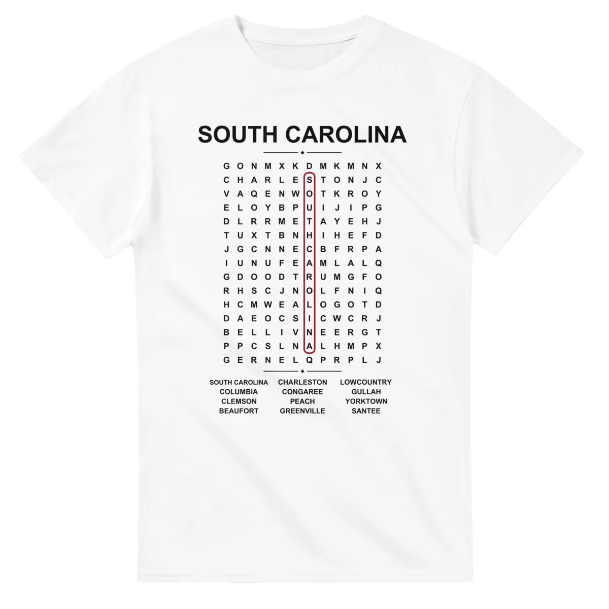 Word-search sheet for South Carolina, with a large place-name heading, a letter grid, a local answer list, and a red highlighted example word.