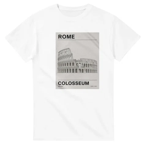 Fine-line engraving-style drawing for Rome, with a landmark caption and small coordinate text.