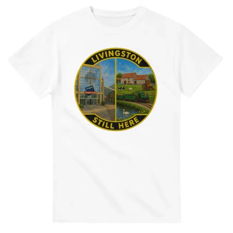 Painted, panelled scenic illustration for Livingston, with paired local scenes and the place name in lettering.