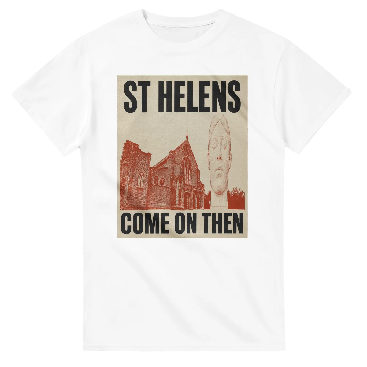 Two-colour scenic illustration for St Helens, with the place name and COME ON THEN lettering.