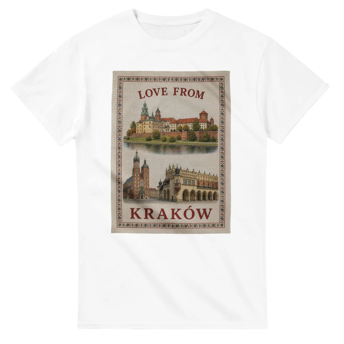 Framed scenic design for Kraków, with several local views, a decorative border and LOVE FROM lettering.