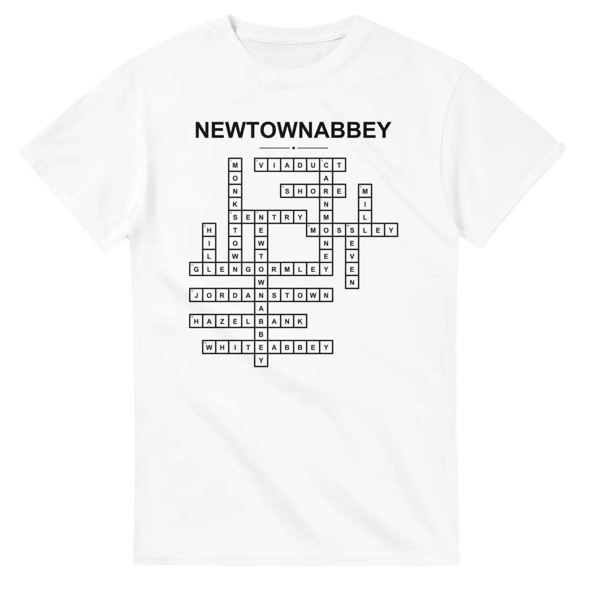 Monochrome crossword sheet for Newtownabbey, with a large place-name heading, a letter grid, and numbered across and down clues.