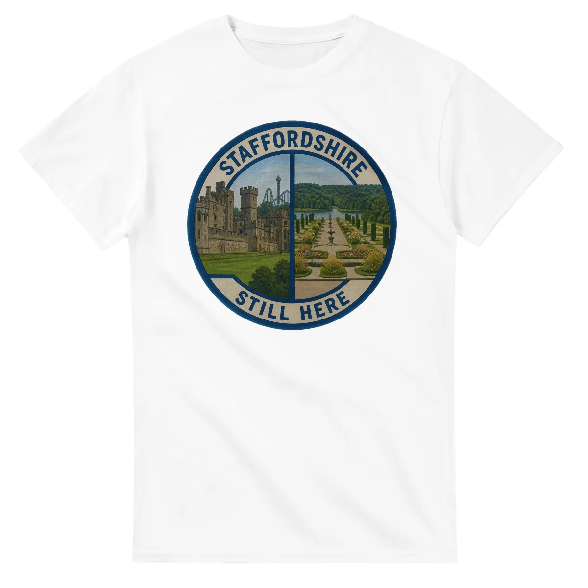 Painted, panelled scenic illustration for Staffordshire, with paired local scenes and the place name in lettering.