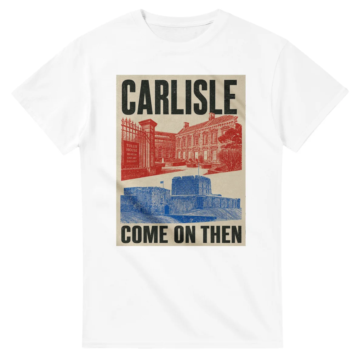 Two-colour scenic illustration for Carlisle, with the place name and COME ON THEN lettering.