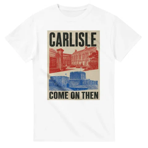 Two-colour scenic illustration for Carlisle, with the place name and COME ON THEN lettering.