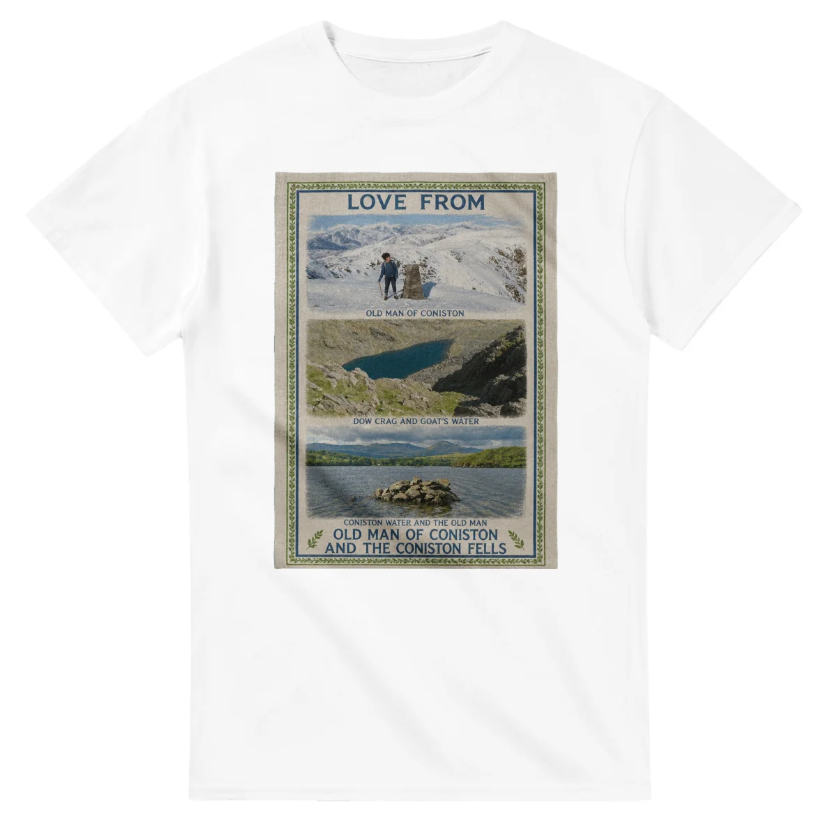 Framed scenic design for Old Man of Coniston, with several local views, a decorative border and LOVE FROM lettering.