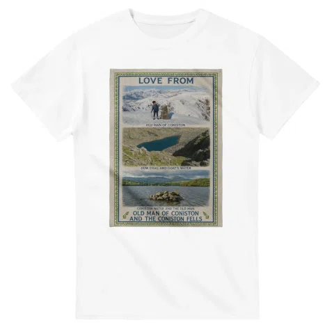 Framed scenic design for Old Man of Coniston, with several local views, a decorative border and LOVE FROM lettering.