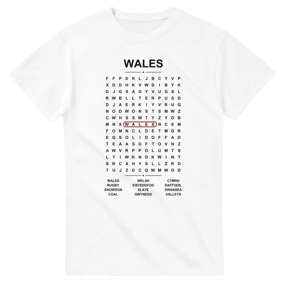 Word-search sheet for Wales, with a large place-name heading, a letter grid, a local answer list, and a red highlighted example word.