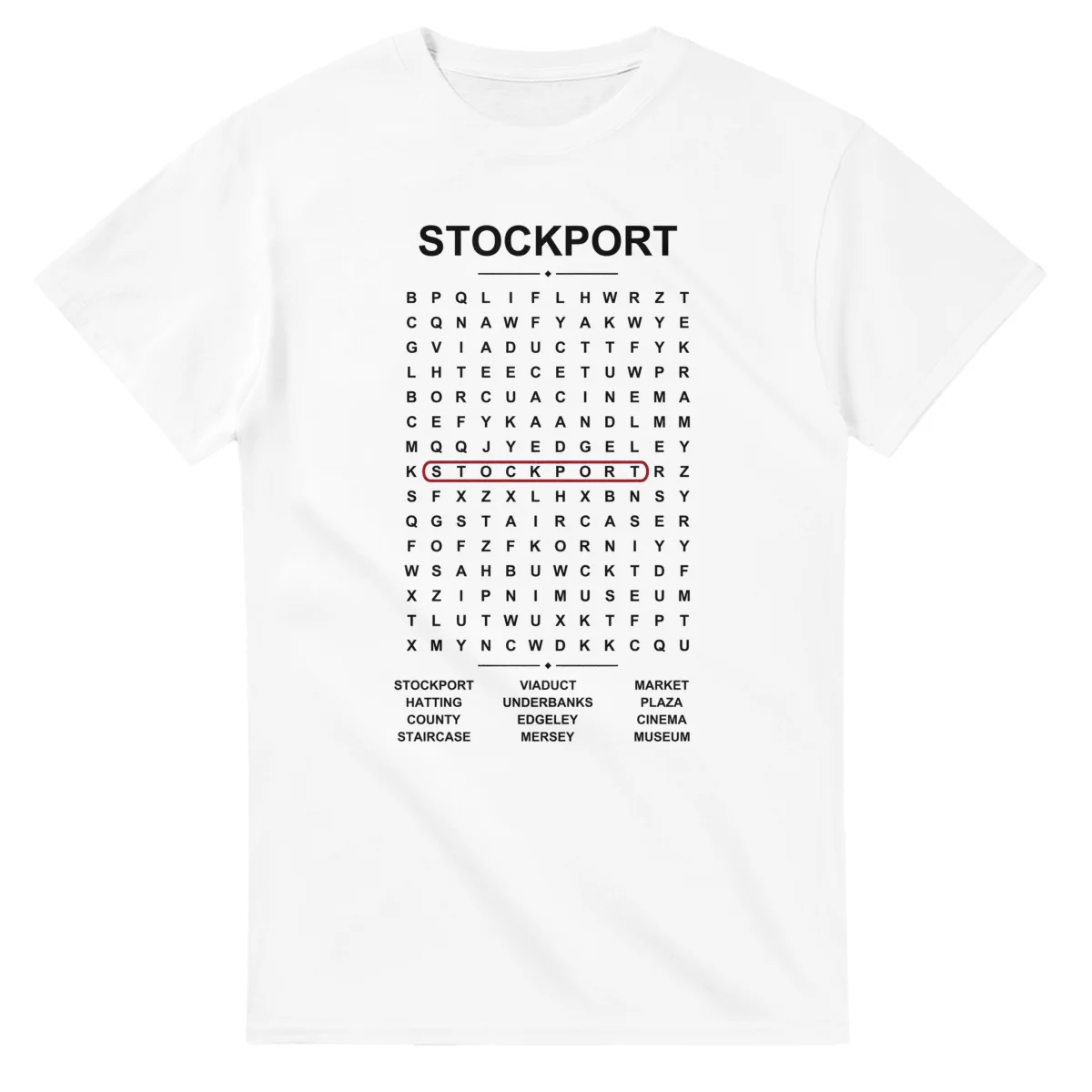 Word-search sheet for Stockport, with a large place-name heading, a letter grid, a local answer list, and a red highlighted example word.