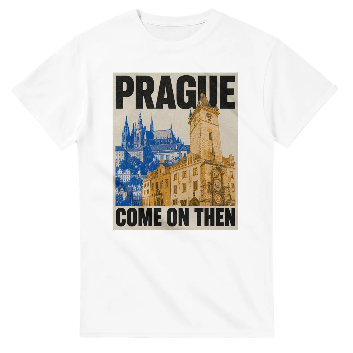 Two-colour scenic illustration for Prague, with the place name and COME ON THEN lettering.
