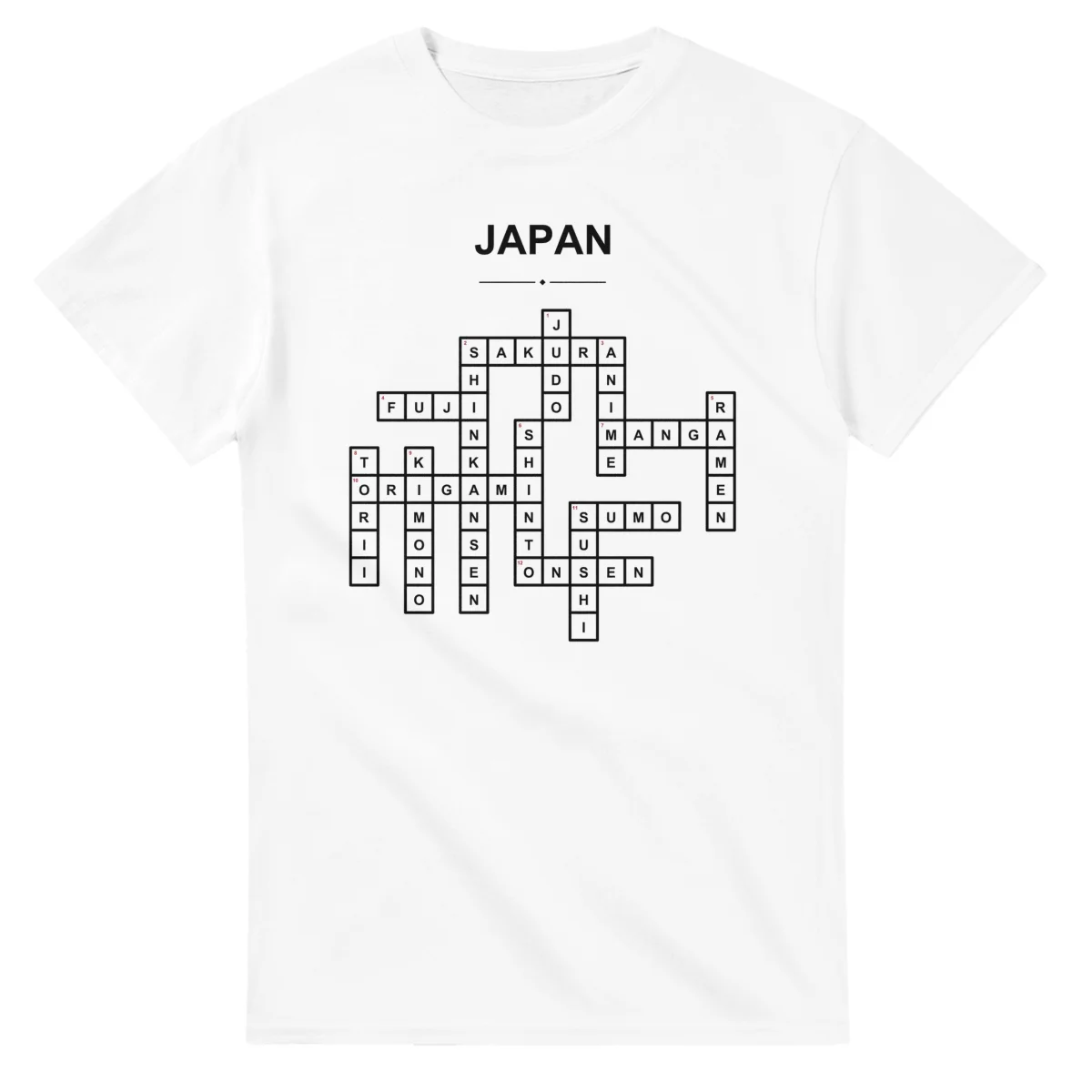 Monochrome crossword sheet for Japan, with a large place-name heading, a letter grid, and numbered across and down clues.