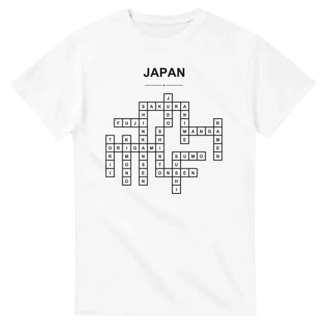Monochrome crossword sheet for Japan, with a large place-name heading, a letter grid, and numbered across and down clues.