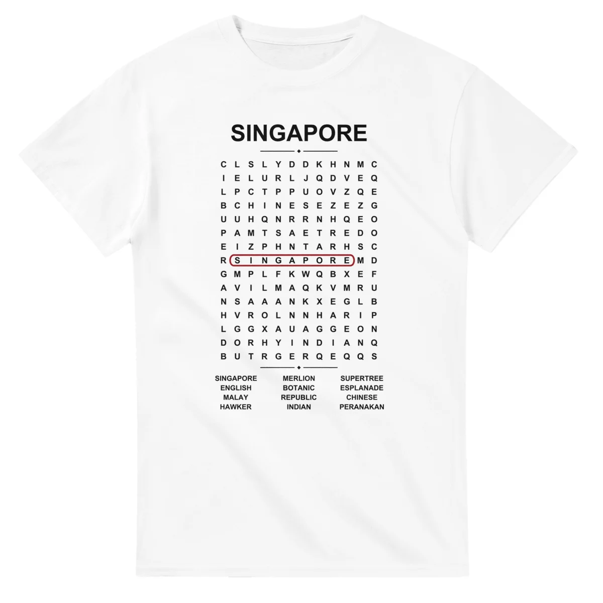 Word-search sheet for Singapore, with a large place-name heading, a letter grid, a local answer list, and a red highlighted example word.