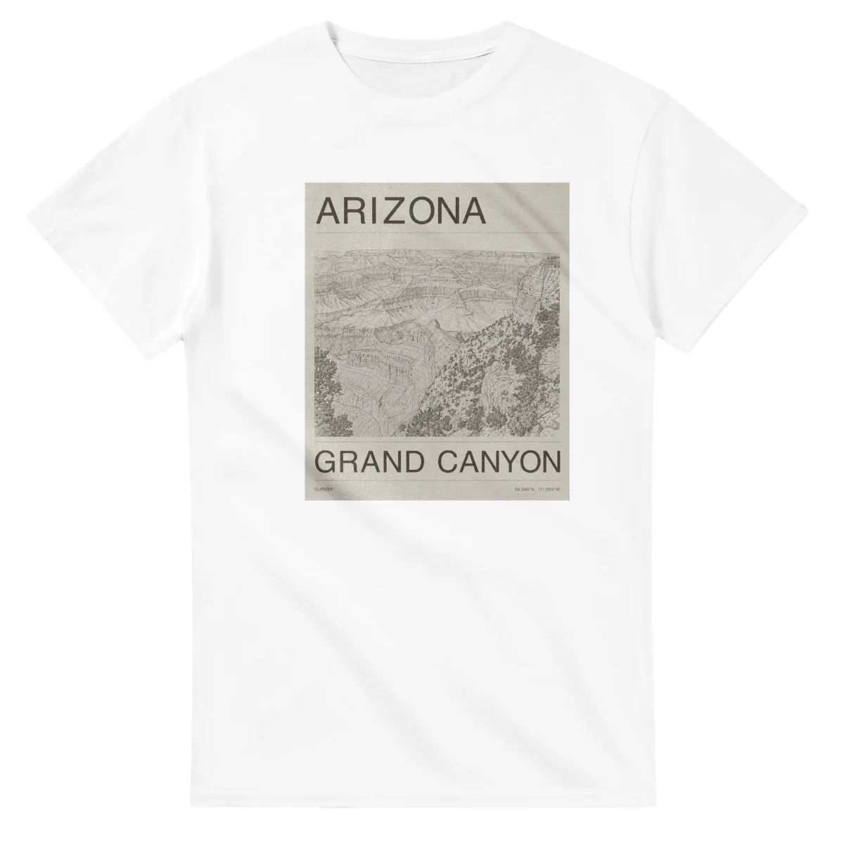 Fine-line engraving-style drawing for Arizona, with a landmark caption and small coordinate text.