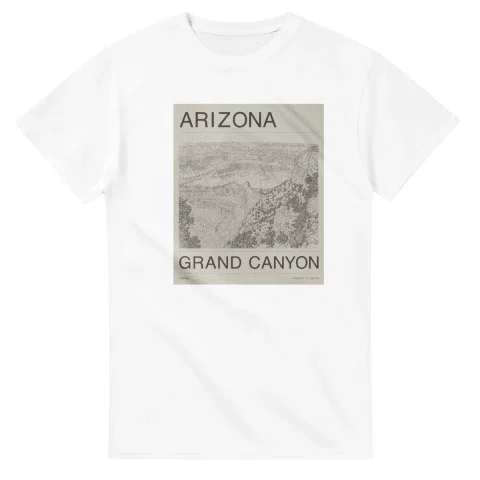 Fine-line engraving-style drawing for Arizona, with a landmark caption and small coordinate text.