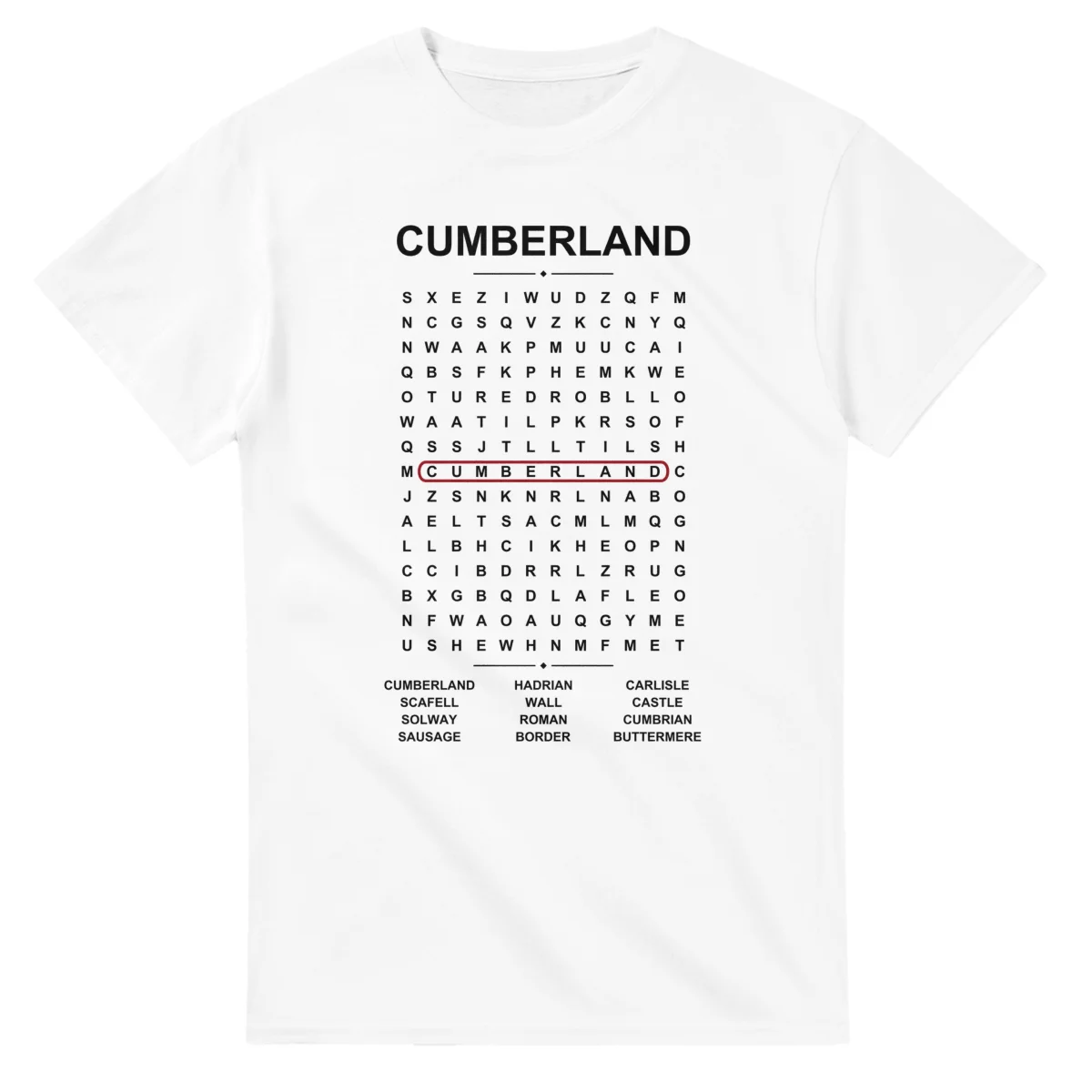 Word-search sheet for Cumberland, with a large place-name heading, a letter grid, a local answer list, and a red highlighted example word.