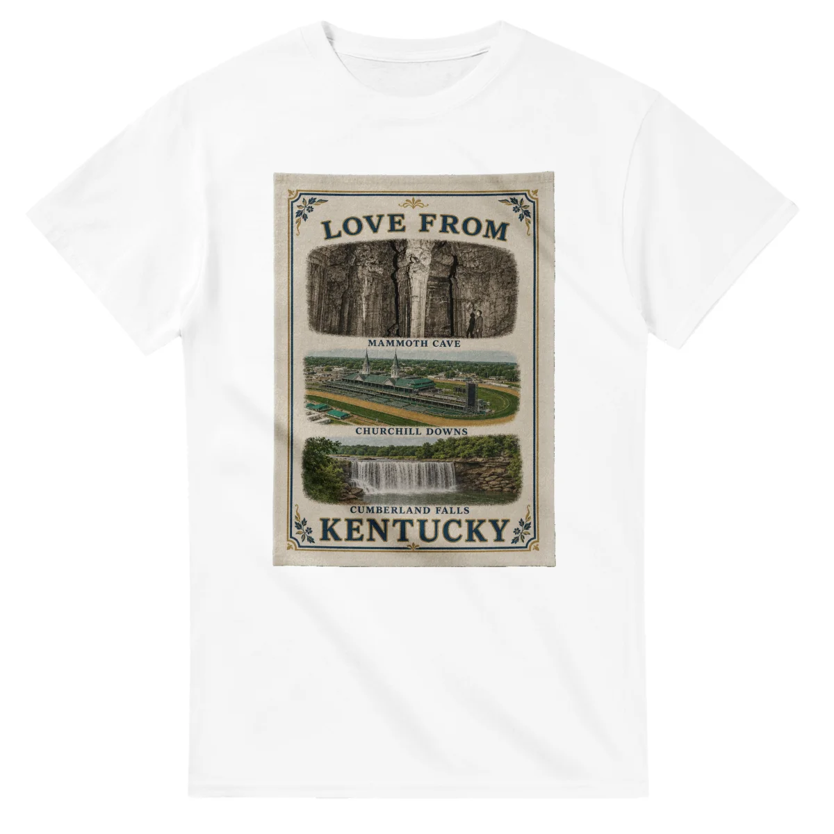 Framed scenic design for Kentucky, with several local views, a decorative border and LOVE FROM lettering.