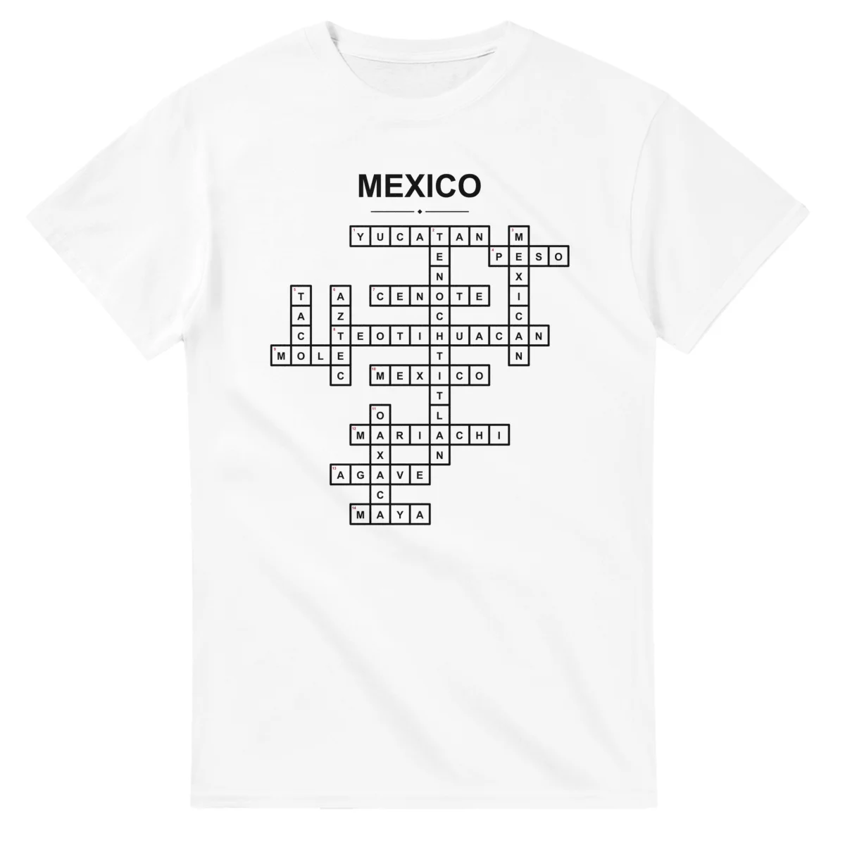 Monochrome crossword sheet for Mexico, with a large place-name heading, a letter grid, and numbered across and down clues.