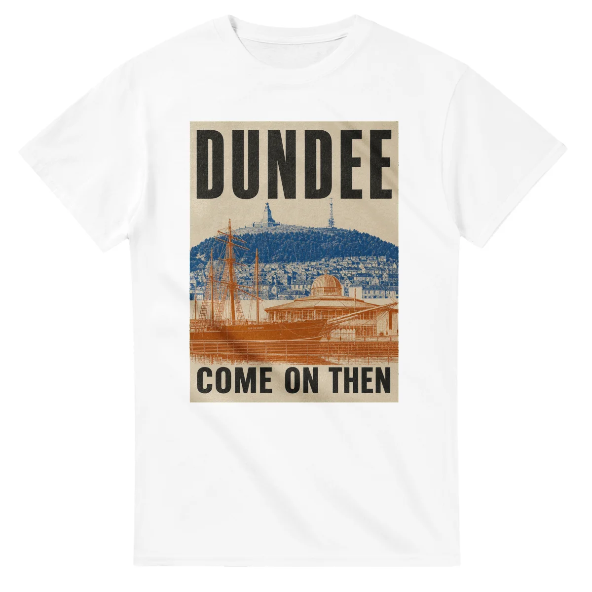 Two-colour scenic illustration for Dundee, with the place name and COME ON THEN lettering.