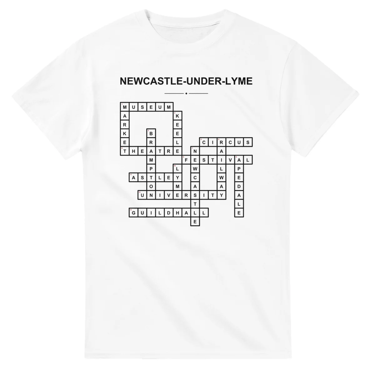 Monochrome crossword sheet for Newcastle-under-Lyme, with a large place-name heading, a letter grid, and numbered across and down clues.