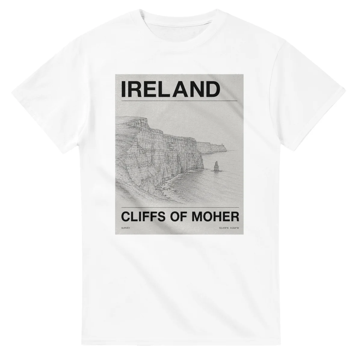 Fine-line engraving-style drawing for Ireland, with a landmark caption and small coordinate text.