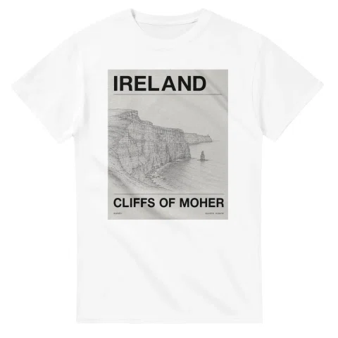 Fine-line engraving-style drawing for Ireland, with a landmark caption and small coordinate text.