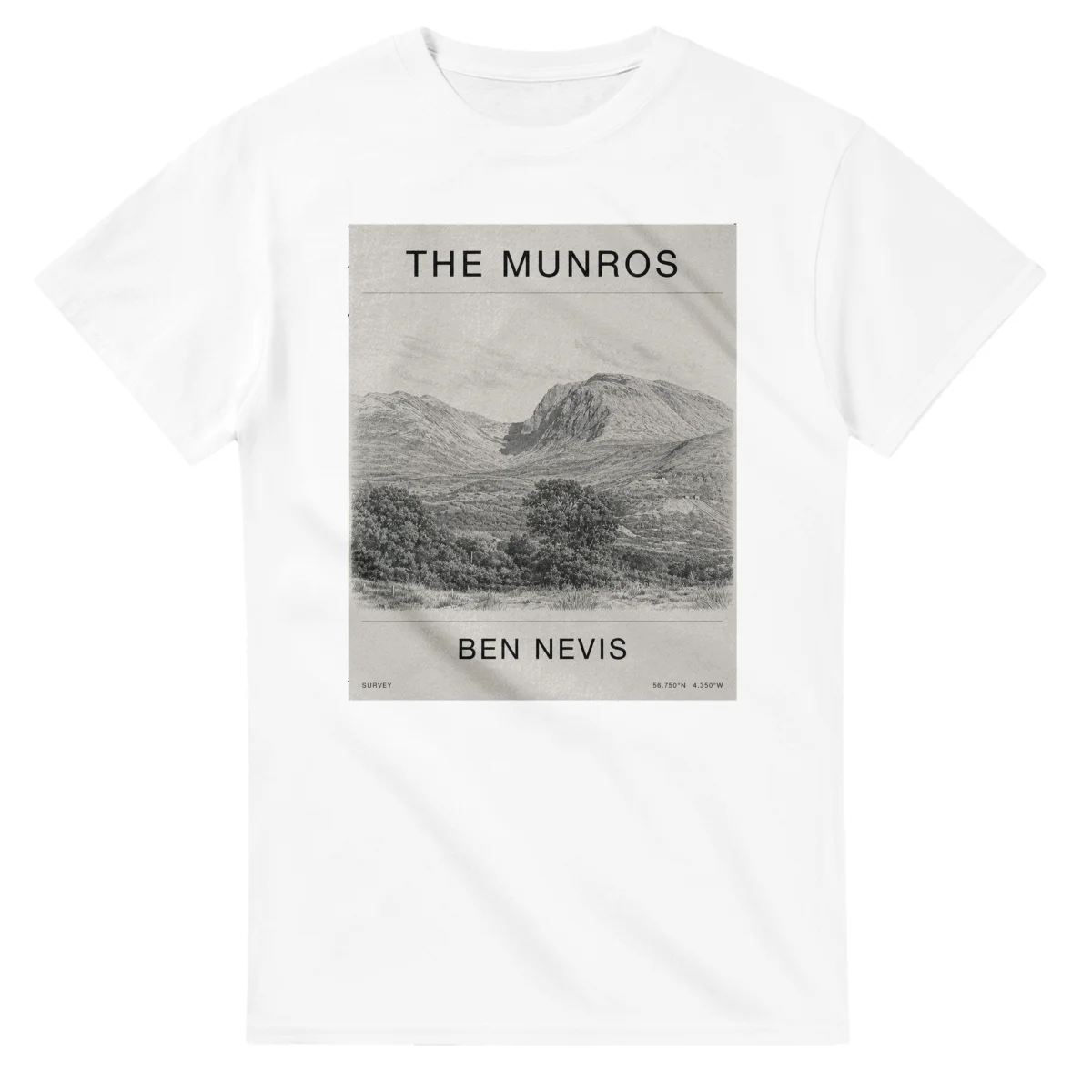 Fine-line engraving-style drawing for The Munros, with a landmark caption and small coordinate text.