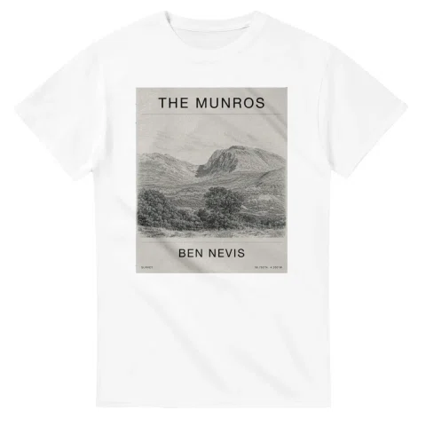 Fine-line engraving-style drawing for The Munros, with a landmark caption and small coordinate text.