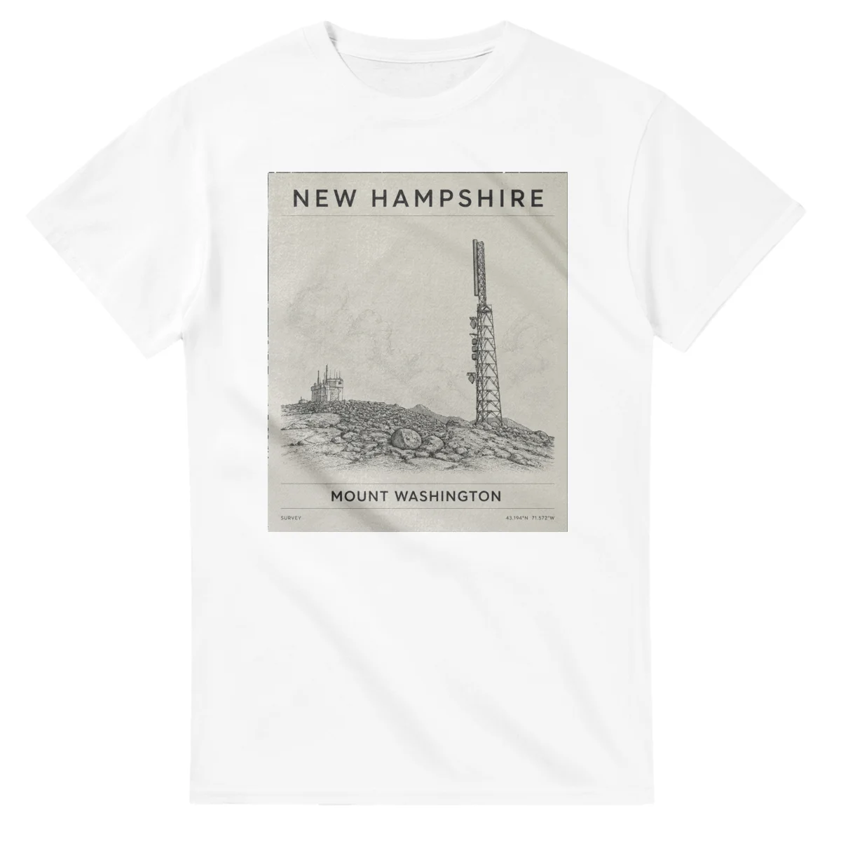 Fine-line engraving-style drawing for New Hampshire, with a landmark caption and small coordinate text.