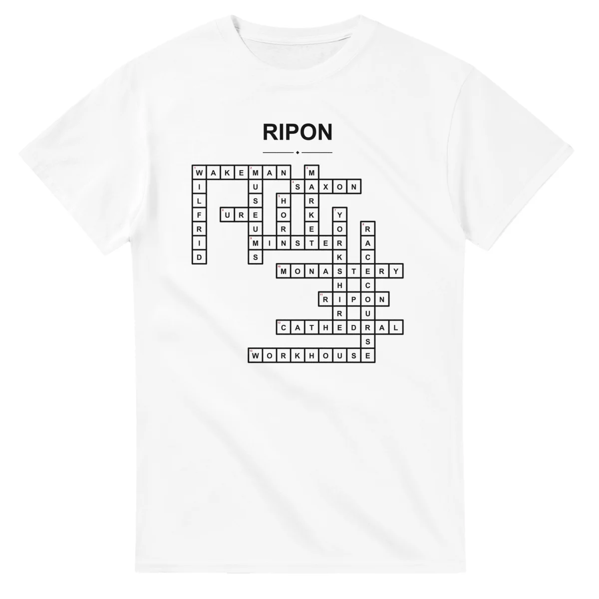 Monochrome crossword sheet for Ripon, with a large place-name heading, a letter grid, and numbered across and down clues.