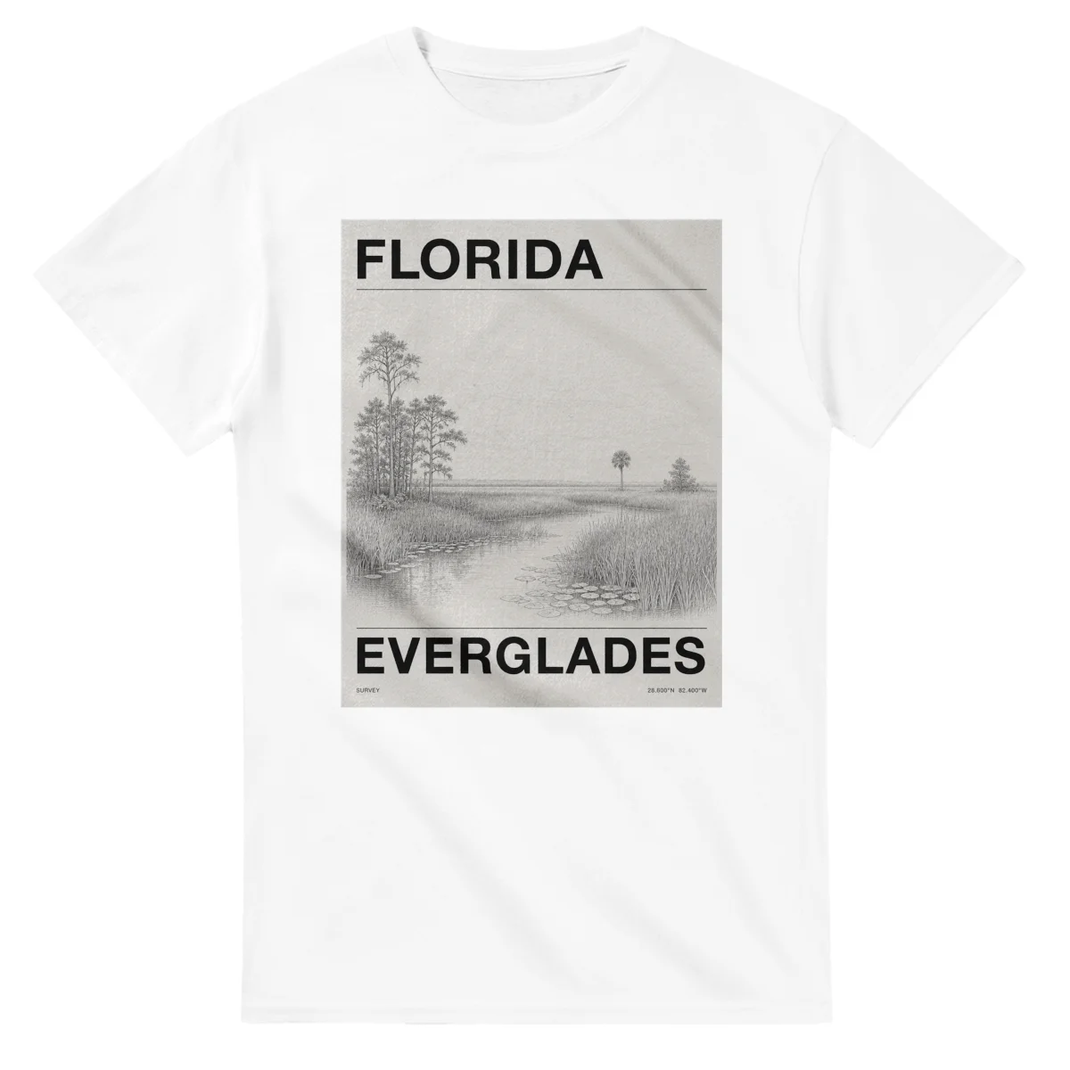 Fine-line engraving-style drawing for Florida, with a landmark caption and small coordinate text.