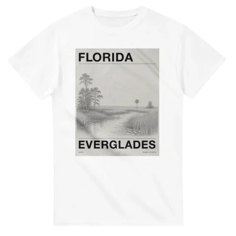 Fine-line engraving-style drawing for Florida, with a landmark caption and small coordinate text.