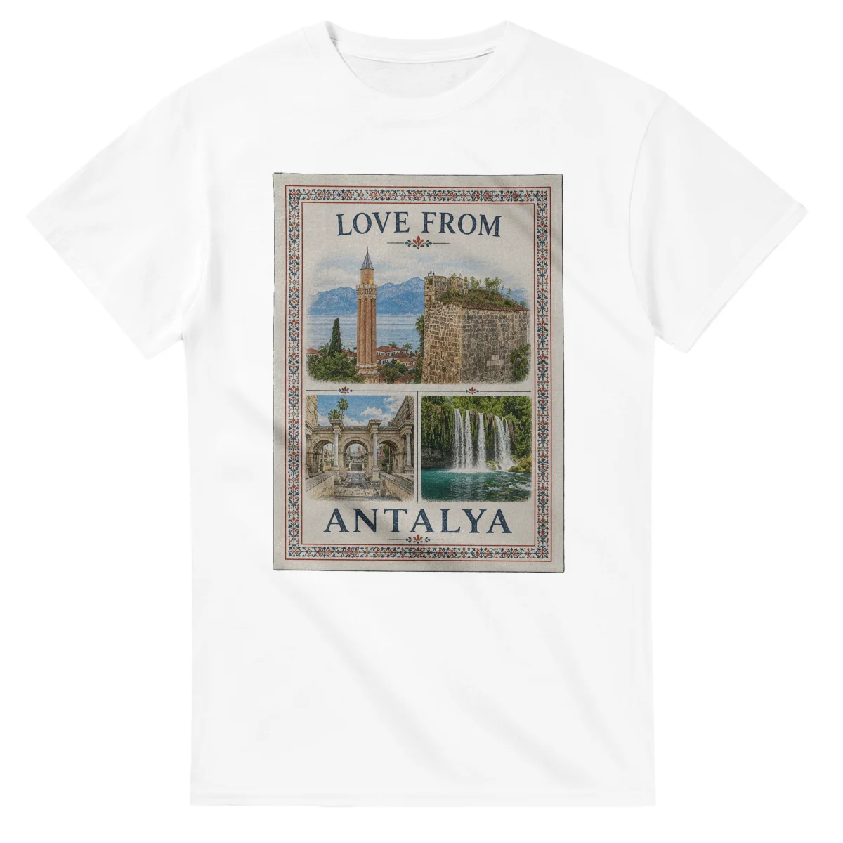 Framed scenic design for Antalya, with several local views, a decorative border and LOVE FROM lettering.