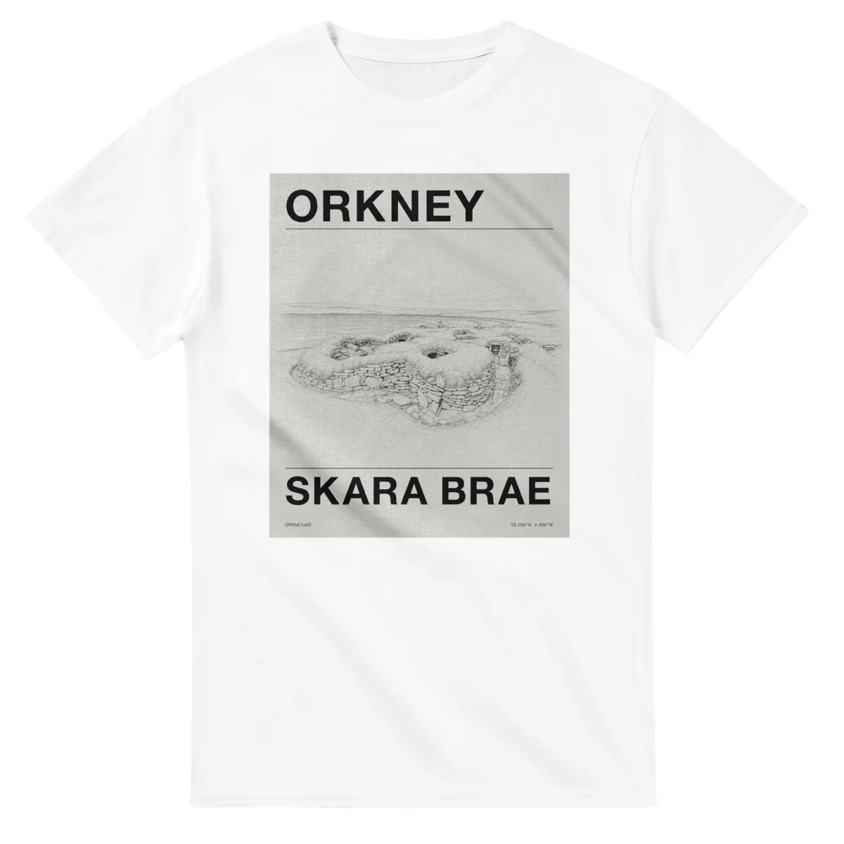 Fine-line engraving-style drawing for Orkney, with a landmark caption and small coordinate text.